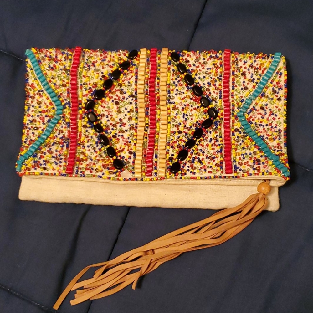 Boho colorful clutch bag with fringe